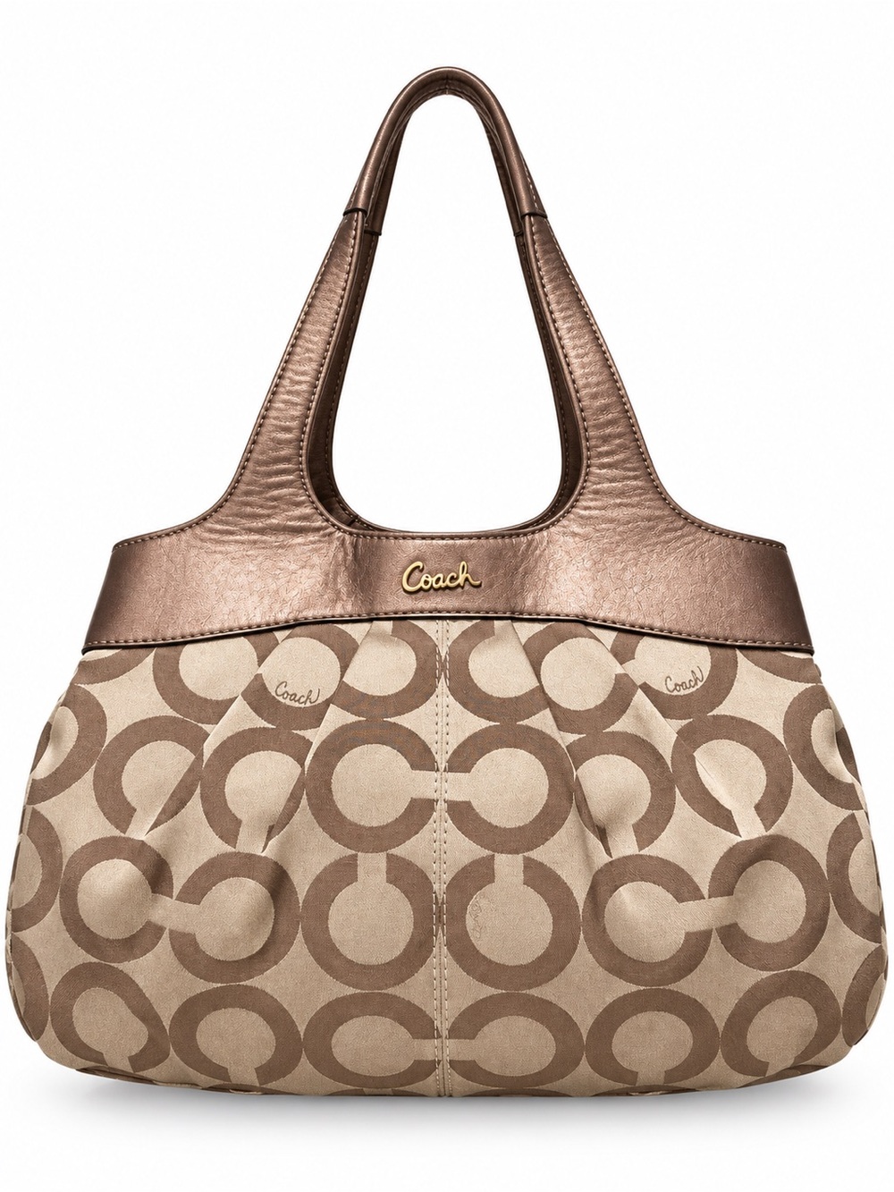 COACH 14077 Lexi Signature Sateen Shoulder Bag Tote Metallic Bronze Trim Large